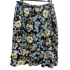 Dressbarn Floral Midi Skirt Womens Large Navy Blue Ruffle Hem Chiffon Lined Bow